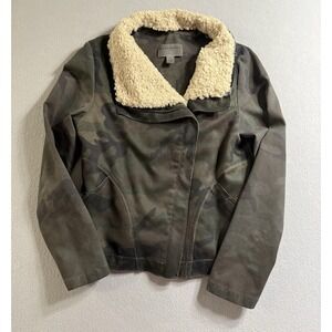Anthropologie Marrakech Green Tan Army Camo Sherpa Collar Casual Moto Jacket M